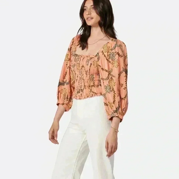 Joie | Peach Floral Print Smocked Cropped Blouse with Puff Sleeves - Picture 2 of 6